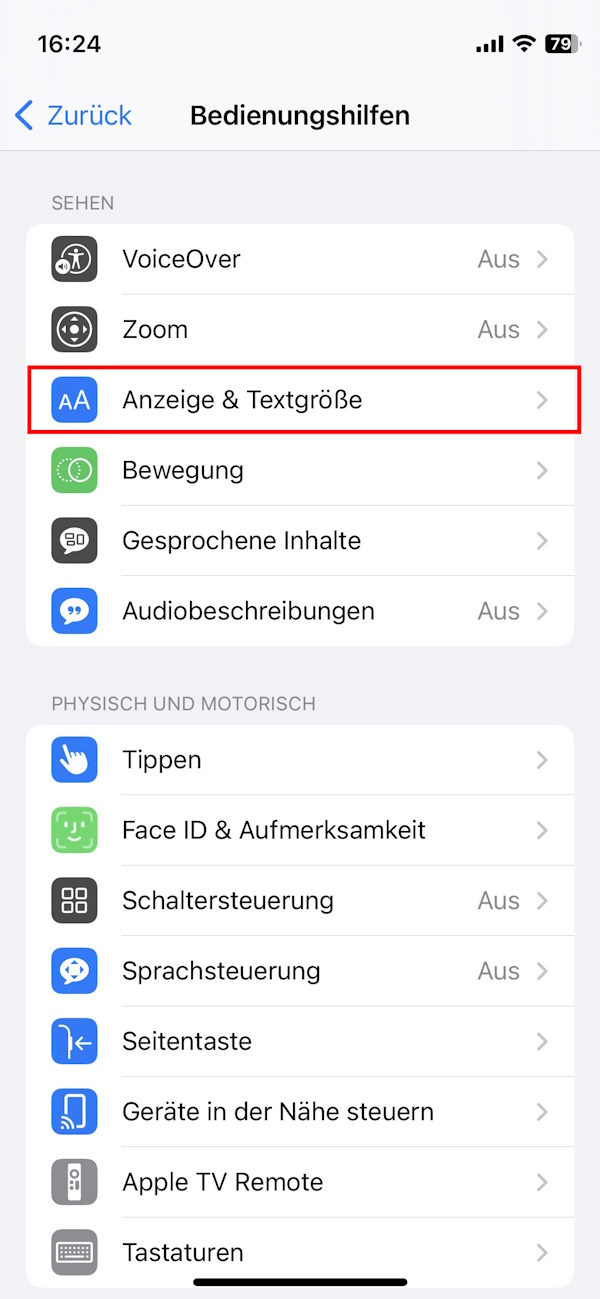 Einstellungen für Bedienungshilfen beim iPhone