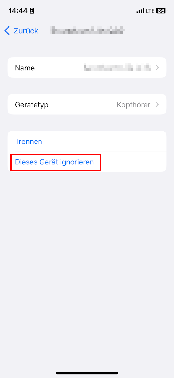 „Dieses Gerät ignorieren“ in den Bluetooth-Einstellungen