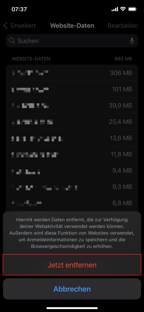 Safari-Hinweis-Datenlöschung