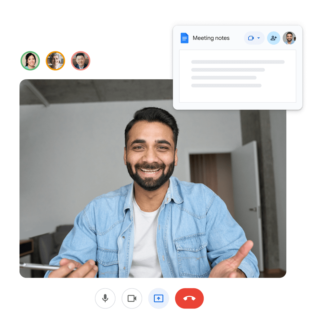 A person on a call with three others, a pop-up that says 'Meeting notes'.