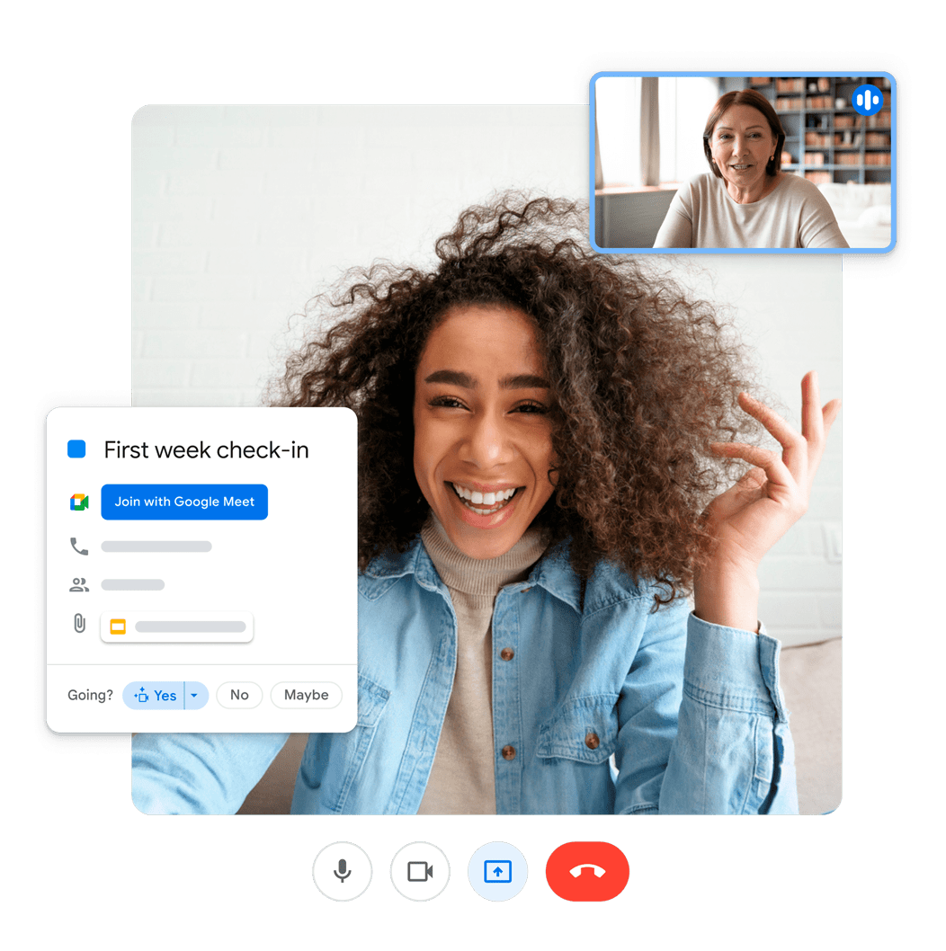 Dua orang dalam chat Google Meet dengan judul ‘First week check-in’.