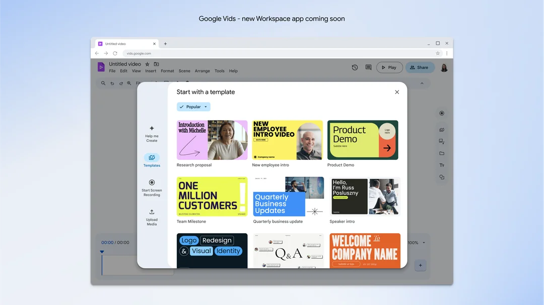 A mock-up of a Chrome browser tab open to the Vids tool. A new untitled video is open in the background; in the foreground a rectangular box reads “Start with a template” and has “popular” templates selected as a filter.