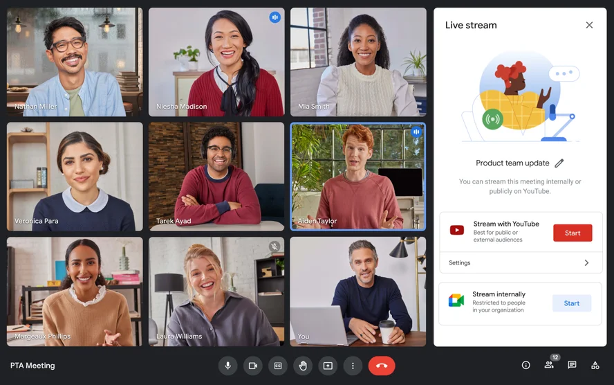 Image of a PTA meeting in Google Meet showing how to turn the feature on to stream directly to YouTube through Google Meet.