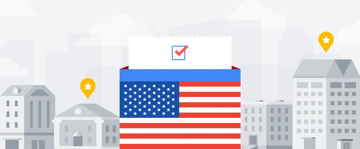 This is an illustration showing a box with an American flag on it - it’s surrounded by buildings and houses showing that this is a location where you could vote.