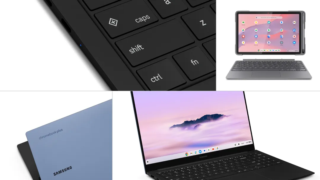 Images of new Chromebooks for students and educators, including a convertible, and new keys on the keyboard.