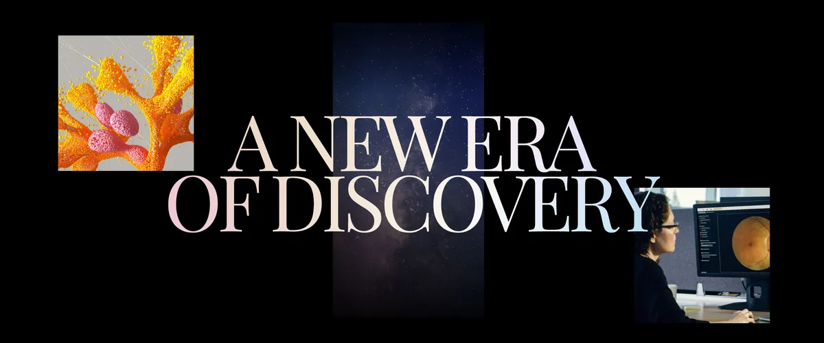 a card with the embedded text "A new era of discovery" along with pictures of stars, and a person at a computer