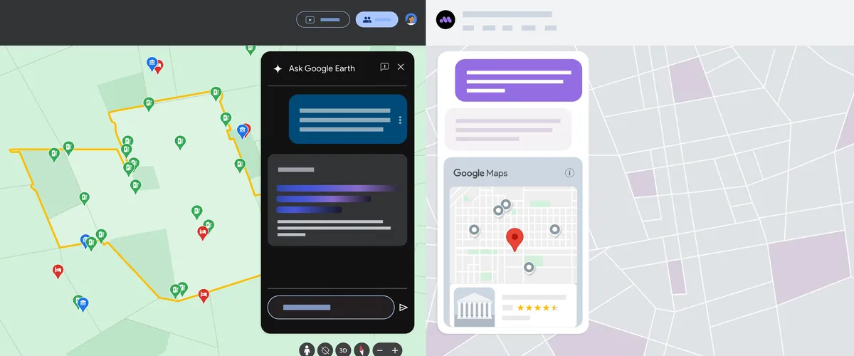 Two images are juxtaposed. On the left is a cartoon visualization of Google Earth, including an “Ask Google Earth” chatbot. On the right is a cartoon image of a business’ chatbot connected to places information from Google Maps.