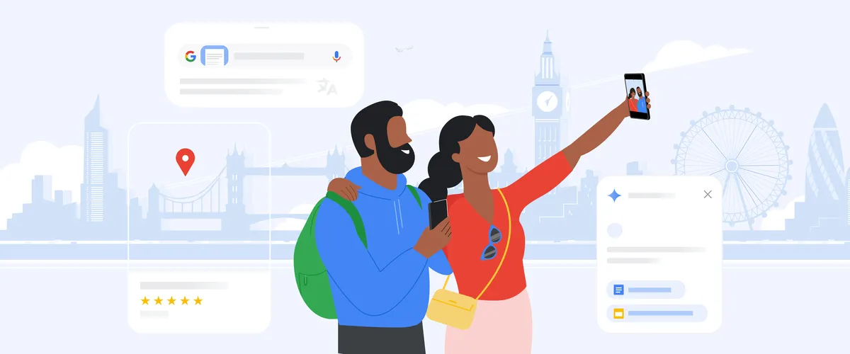 Illustration of two people; one is wearing a backpack and the other is holding up a phone to take a selfie. Various Google product icons are in the abstract background in shades of blue.