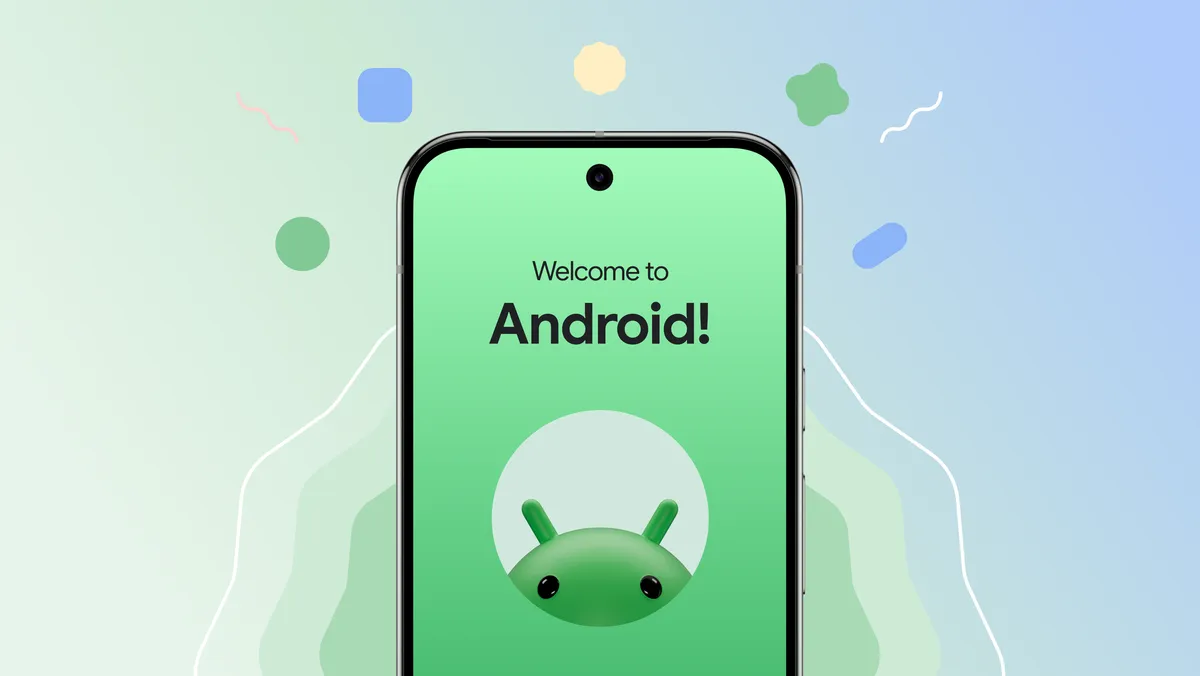 Android device screen showing a green Android bot with the words “Welcome to Android!” There is confetti popping out from behind the device.