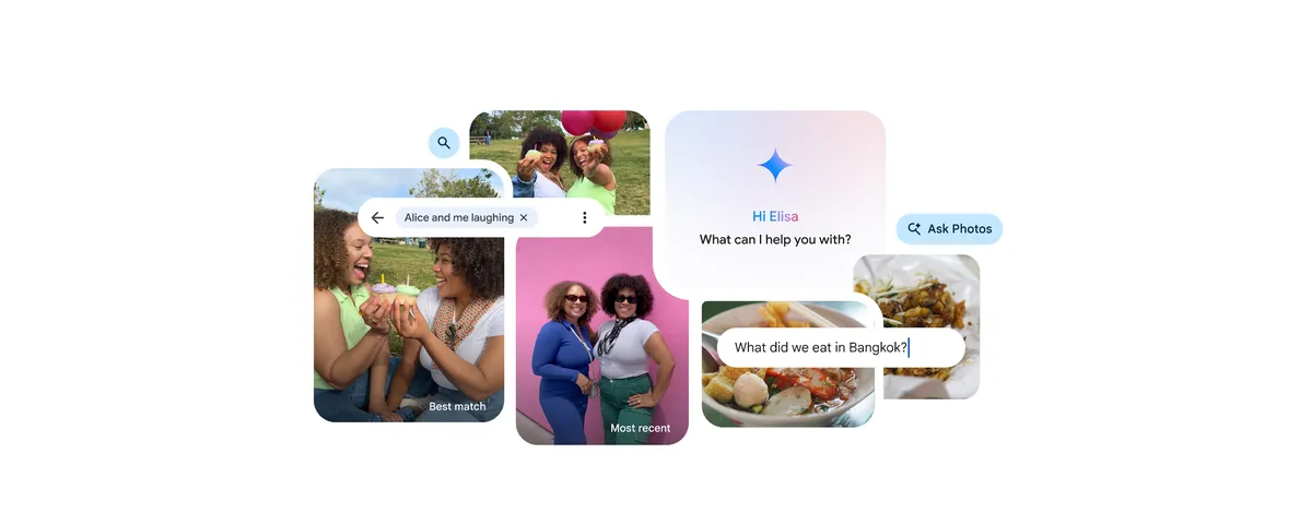 Illustration of search improvements in Google Photos with prompts that read “Alice and me laughing,” “What can I help you with?” and “What did we eat in Bangkok?”