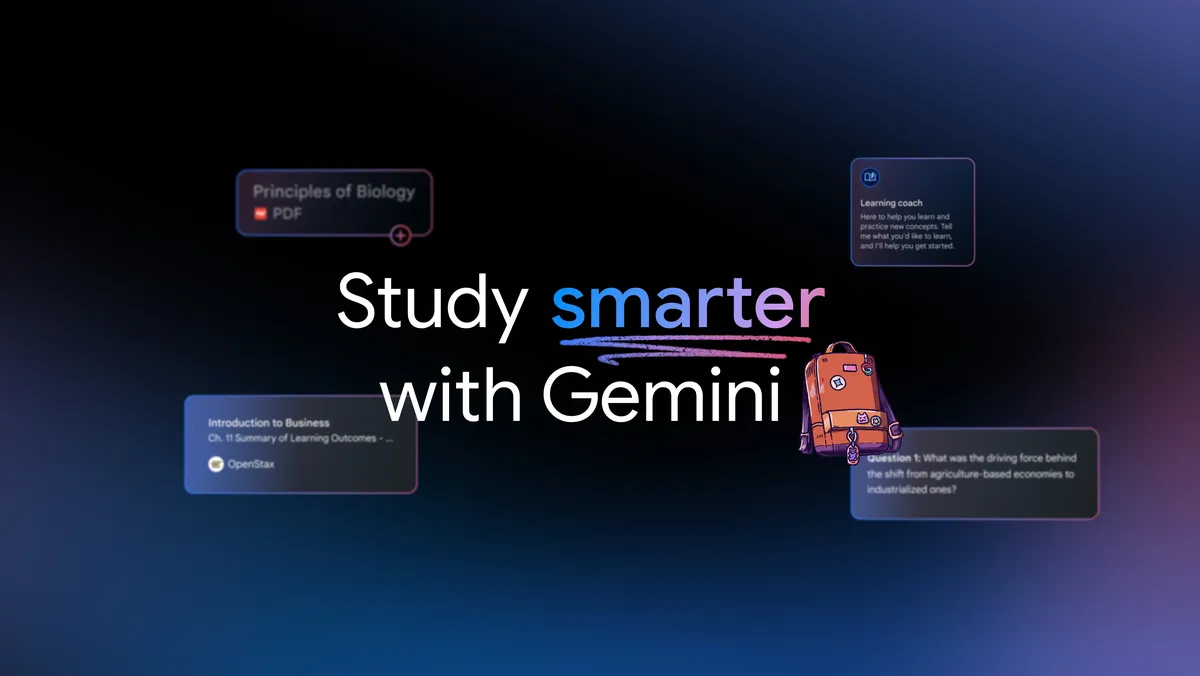 A gradient black, blue and purple background with a backpack illustration and text that reads "Study smarter with Gemini."