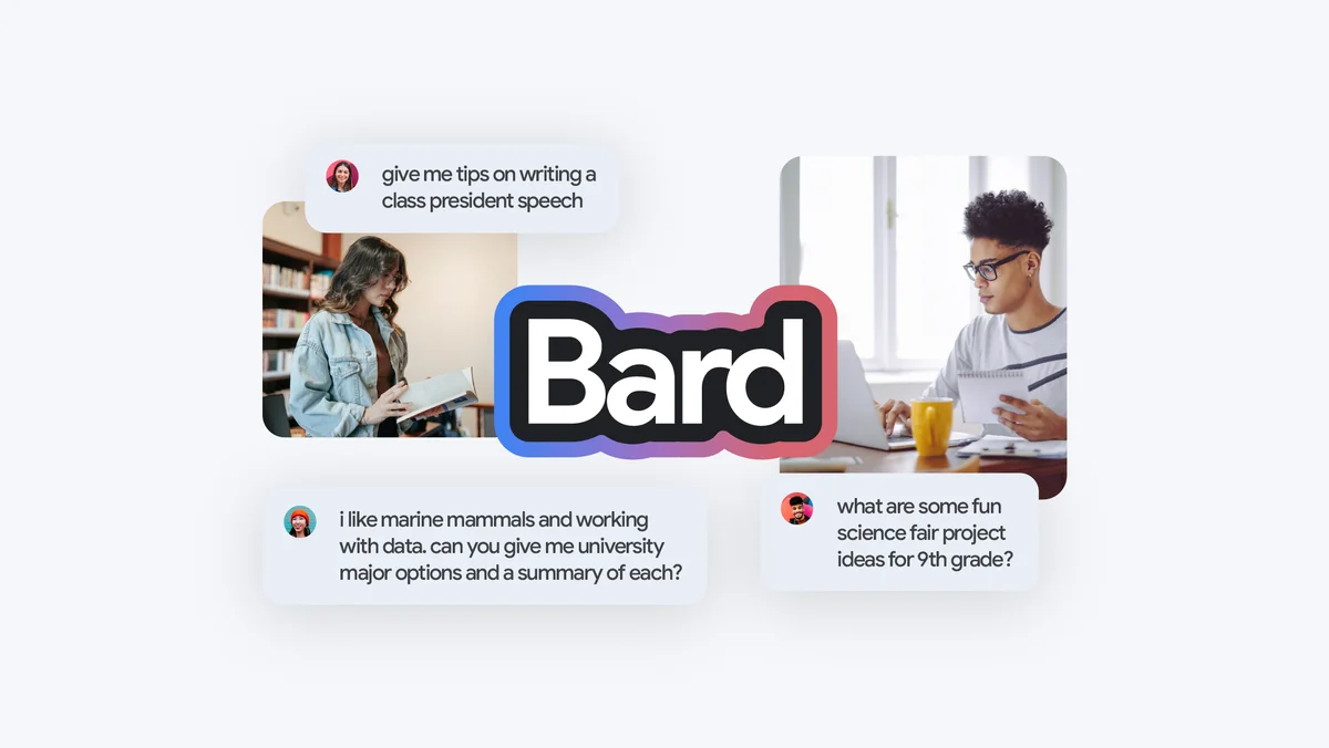 The Bard logo is surrounded by photos of teens and prompts like “what are some fun science fair ideas for the 9th grade”?