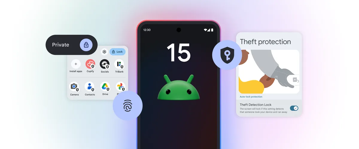 A glowing Android phone with a bot with 15 above surrounded by apps protected by private space and theft protection toggles