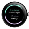 Image of a Pixel Watch 3 screen showing Cardio Load and Readiness scores. Cardio Load reads “124 in target.” Readiness reads “86. High.”