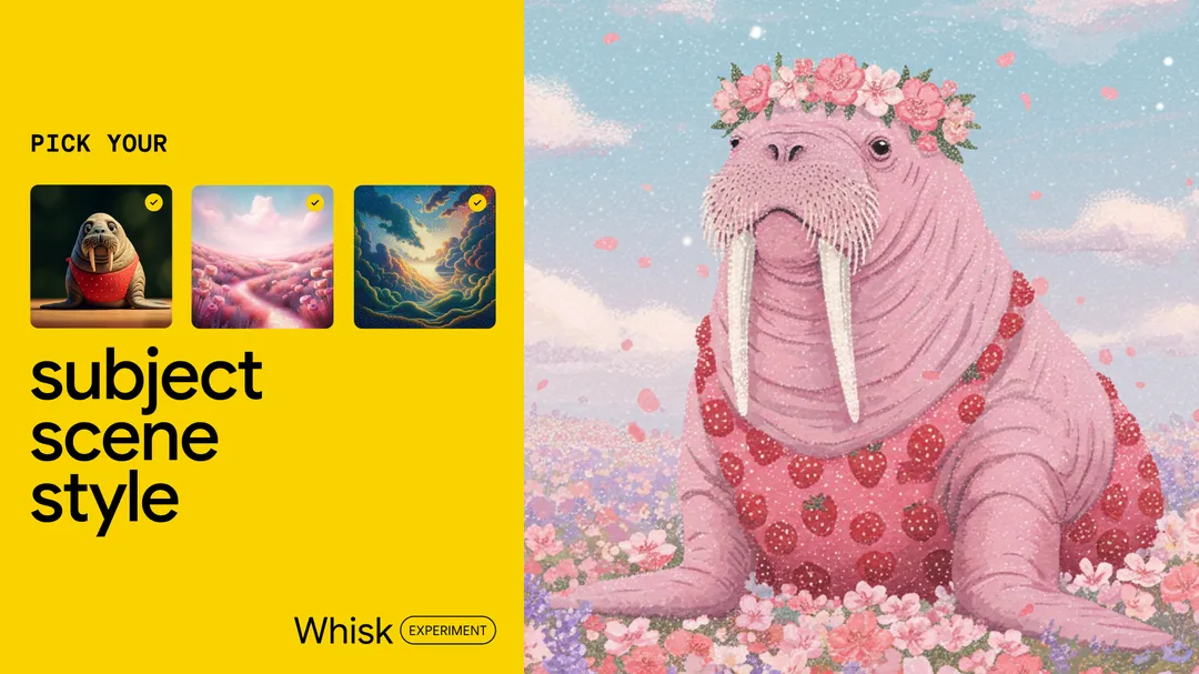 Set against a bright yellow background, this image showcases a second example of how Whisk works. It displays a whimsical illustration of a walrus wearing a strawberry-patterned swimsuit and a flower crown. On the lefthand side, input images of a walrus for the subject, a flowerfield for the scene and a pattern of cartoon-like clouds  appear for style.