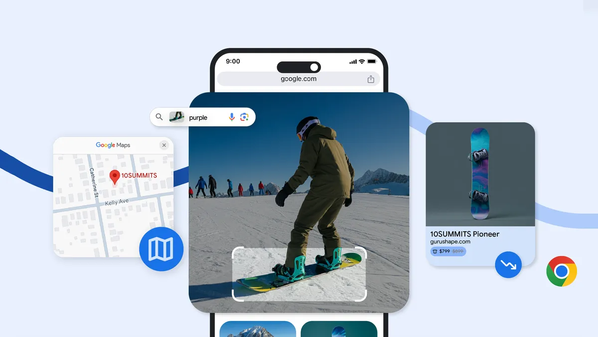 Image of a mini map, someone using Google Lens to highlight a snowboard and shopping page for that snowboard