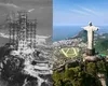 Photo 1: Historical black and white photograph of the Cristo Redentor statue surrounded by scaffoldings  Photo 2: Aerial photograph of the Christ the Redeemer statue in Rio de Janeiro, showing the surrounding landscape.