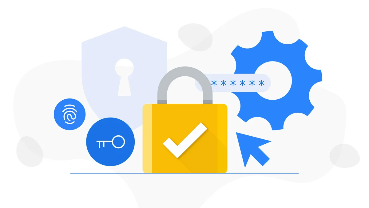 An illustration of several icons denoting online security: a fingerprint, a key, a padlock with a check mark, a keyhole, a password shown in all asterisks, a mouse arrow, and a settings gear icon.