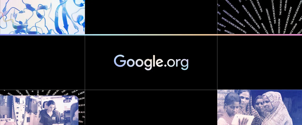 Google.org logo against a black background and surrounded by images of social impact organizations and abstract scientific images in blue, white and purple