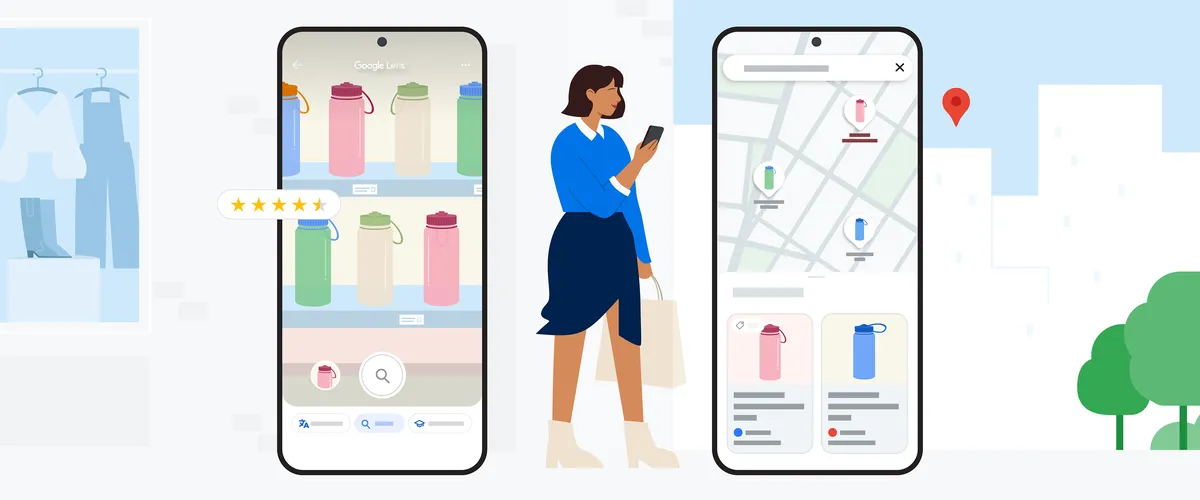 A woman uses her phone to shop for water bottles. The phone screen on the left shows a shelf of bottles in a store in the Google Lens interface. The middle image shows the woman using her phone. The image on the right shows a map pinpointing her location