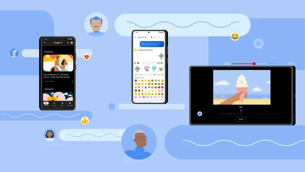 Illustration of two Android phones and an Android tablet surrounded by emoji and message bubbles.