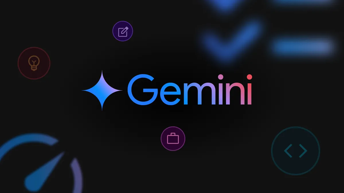 The Gemini logo, a stylized wordmark in a gradient from blue to red, centered on a dark background. Surrounding the logo are various icons representing ideas, tasks, speed, and code development.