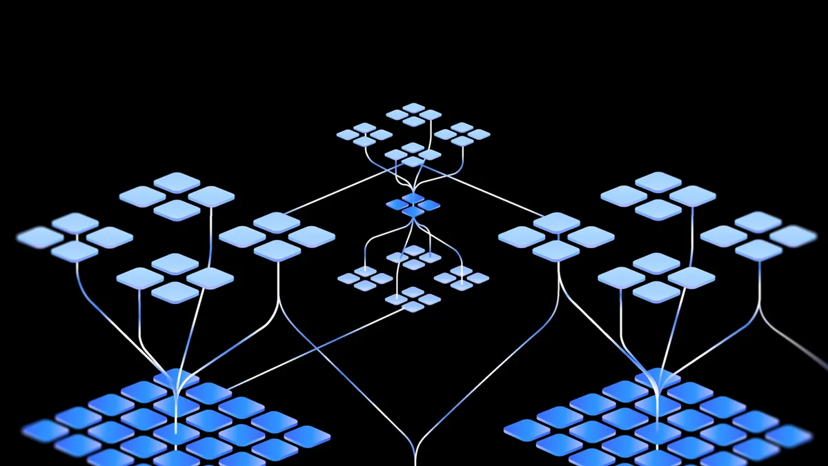 Illustration of a complex AI model’s network connecting down to another, more streamlined model, representing how Google DeepMind teaches and trains smaller models from larger ones.