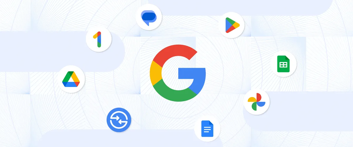 Image of Google logo in the middle surrounded by the logos of other Google services, such as Play, Drive, Docs, Messages, Quick Share, and Photos.