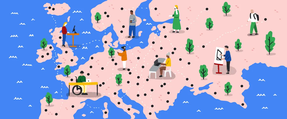 An illustration of Europe with small sketches of people with digital tools (at a desk, on the phone etc).