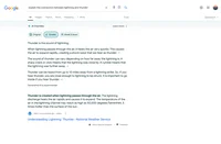 A search query for "explain the connection between lightning and thunder" with the option to use AI Overview to make it simpler