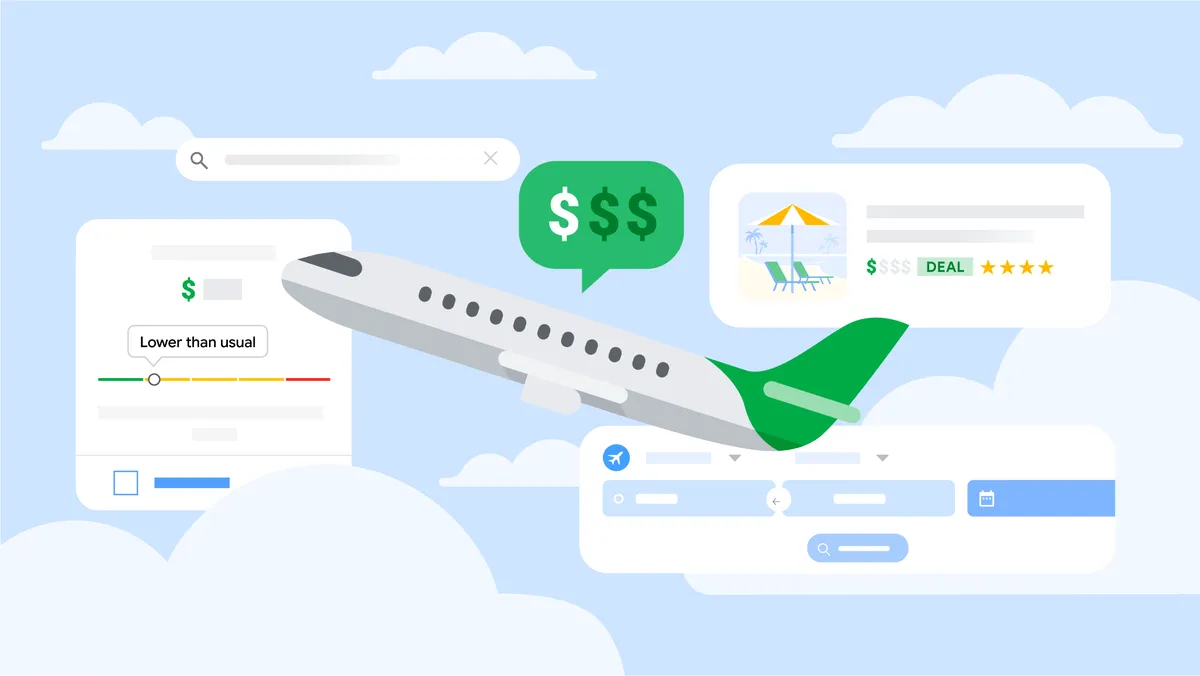 Illustration of an airplane around abstract illustrations of Google Flights icons and features.