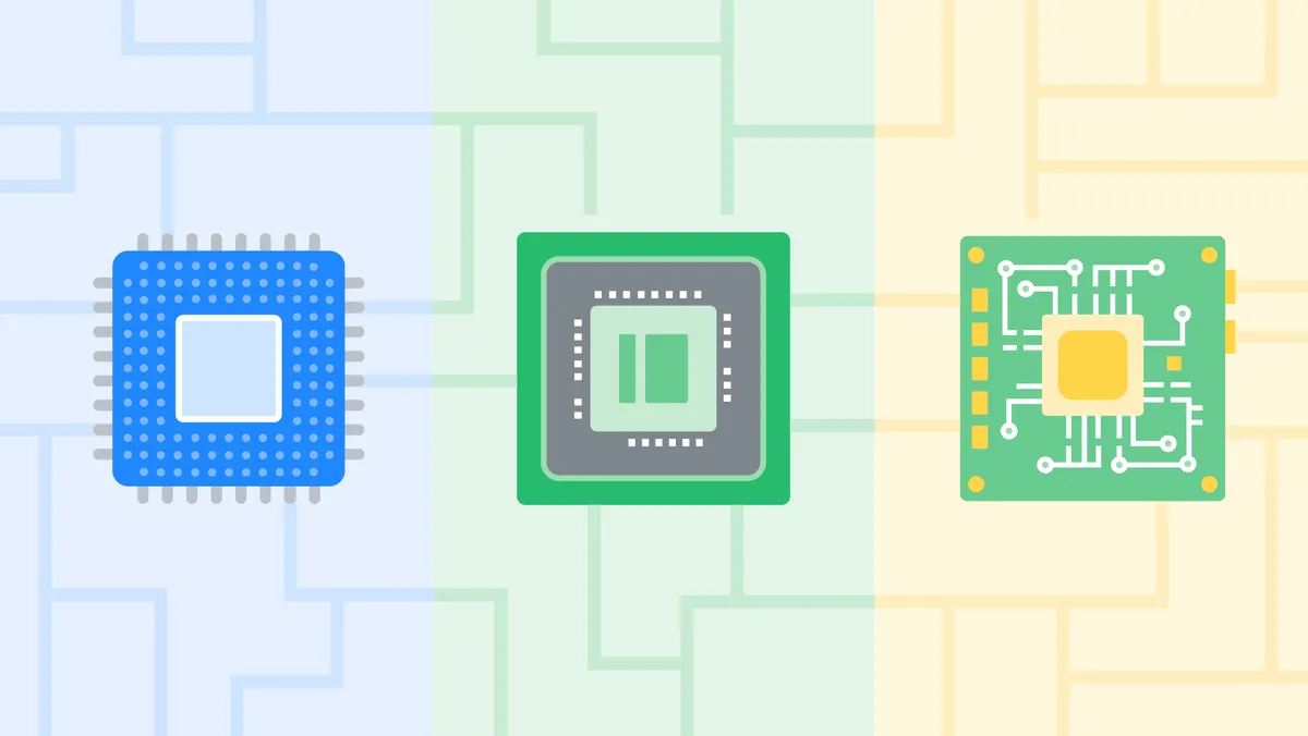 Three squares illustrate different computer processors. Blue: a classic CPU with a grid of contact points. Green: a GPU with a simple line symbolizing parallel processing. Yellow: a TPU with intricate circuitry for machine learning.