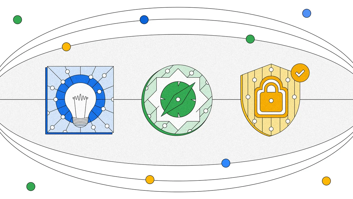 Illustration of a light bulb, compass and shield with connecting lines