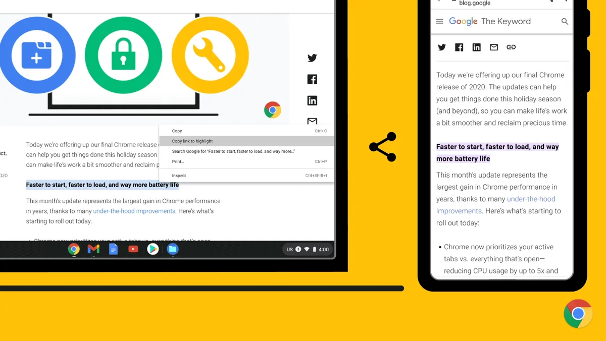 An animation showing how you can link to highlighted text in Chrome.