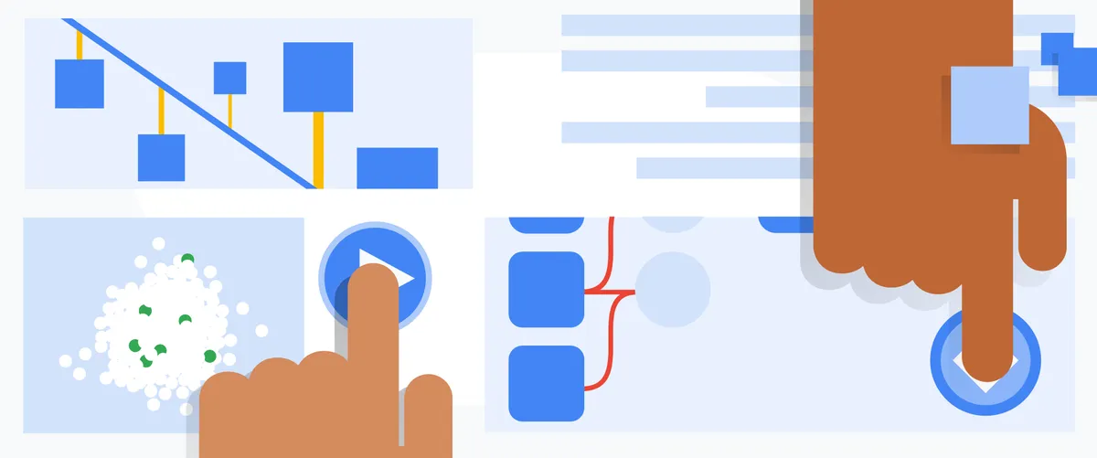 Two hands pressing buttons next to a collage of drawings representing machine learning concepts: data points, linear regression, and neural networks.