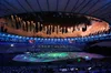 The opening ceremony of the 2016 Olympic Games in Rio de Janeiro's Maracanã Stadium, with a display of lights and fireworks and with performers filling the field.