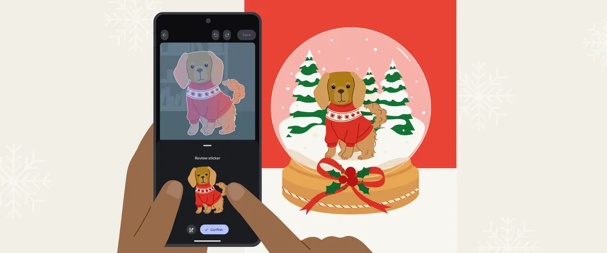 A dog in a red sweater appears in a snow globe. A phone displays the dog against a white background, as if placing it into the festive scene.