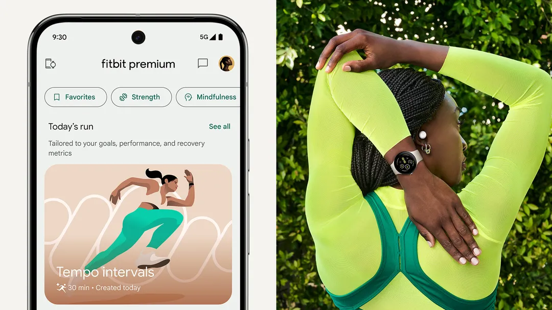 On the left, a mobile phone shows the personalized run workout options available in the Fitbit Premium tab; on the right, a woman running outside with Pixel Watch 3