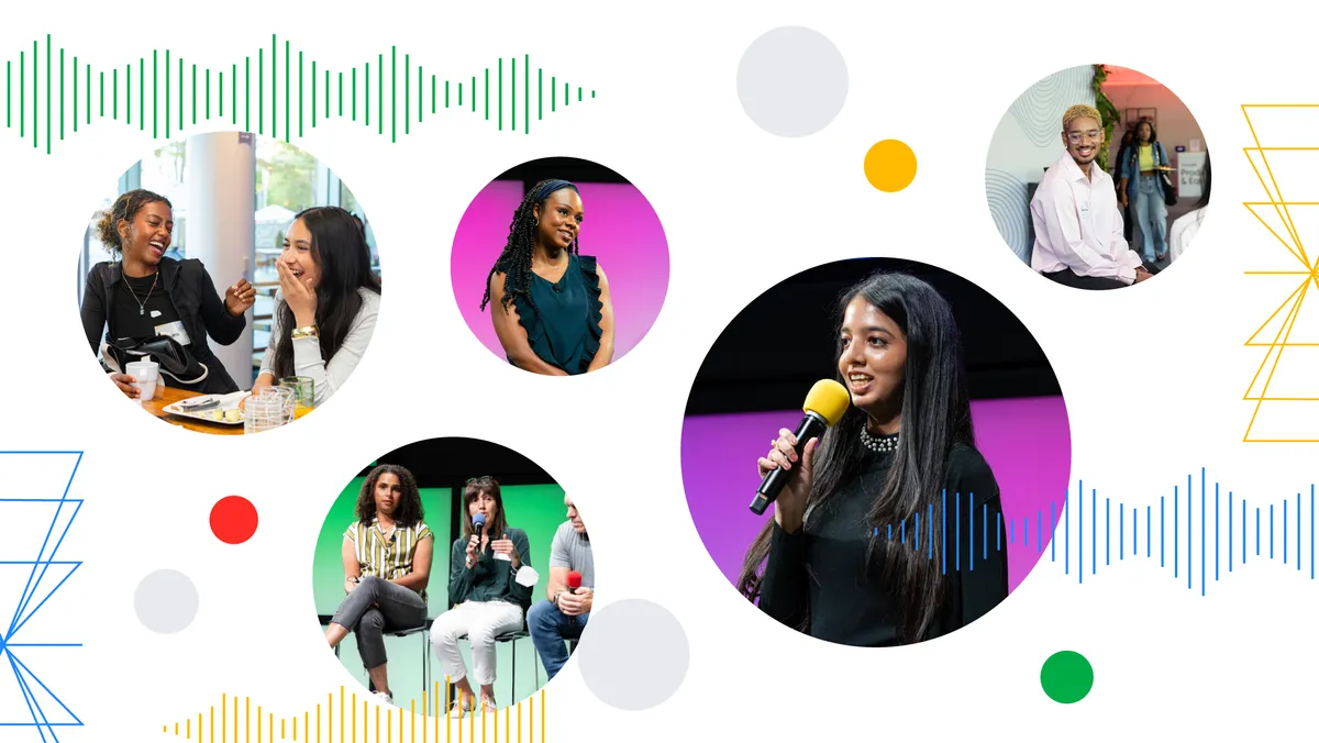 A collage of five circular portraits showcasing attendees, speakers and panelists from the previous year's Product Inclusion Summit, set against a white background with colorful abstract lines.