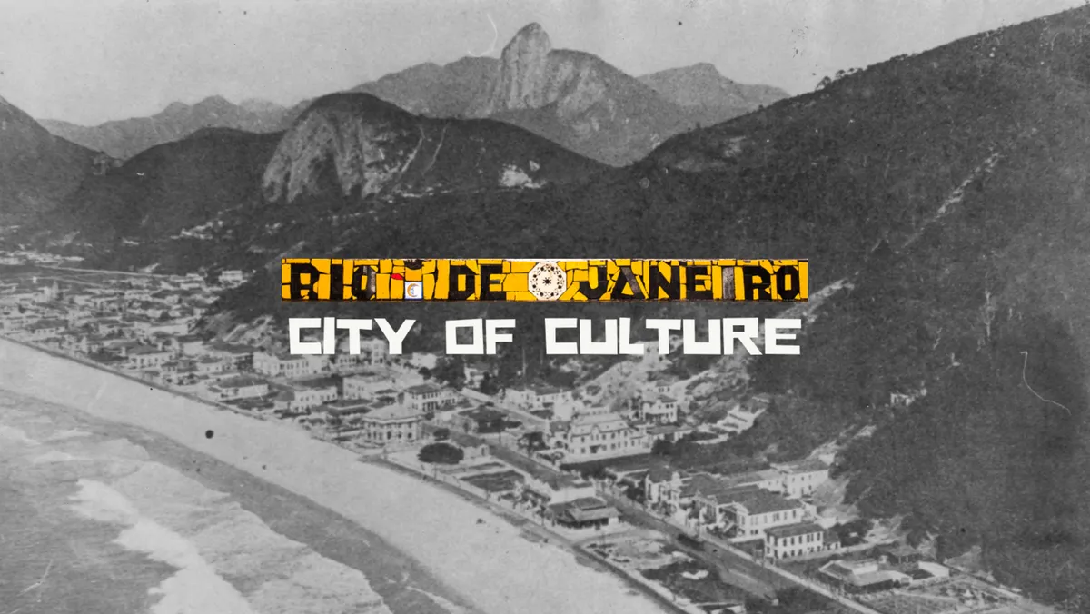 A black and white image of Rio de Janeiro with text over it saying Rio de Janeiro City of Culture