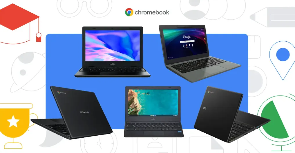 5 Chromebook devices are shown against a multi-color background