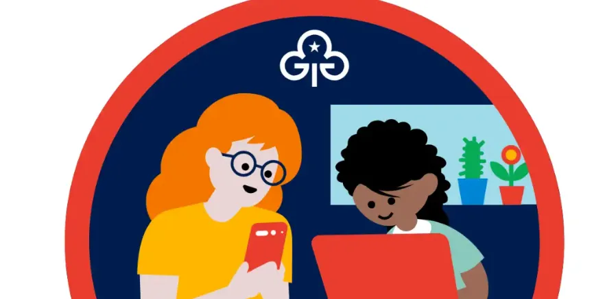 Alt: Illustration of two people, one at a laptop and one with a phone, with the Google logo below them and potted plants on a window in the background.