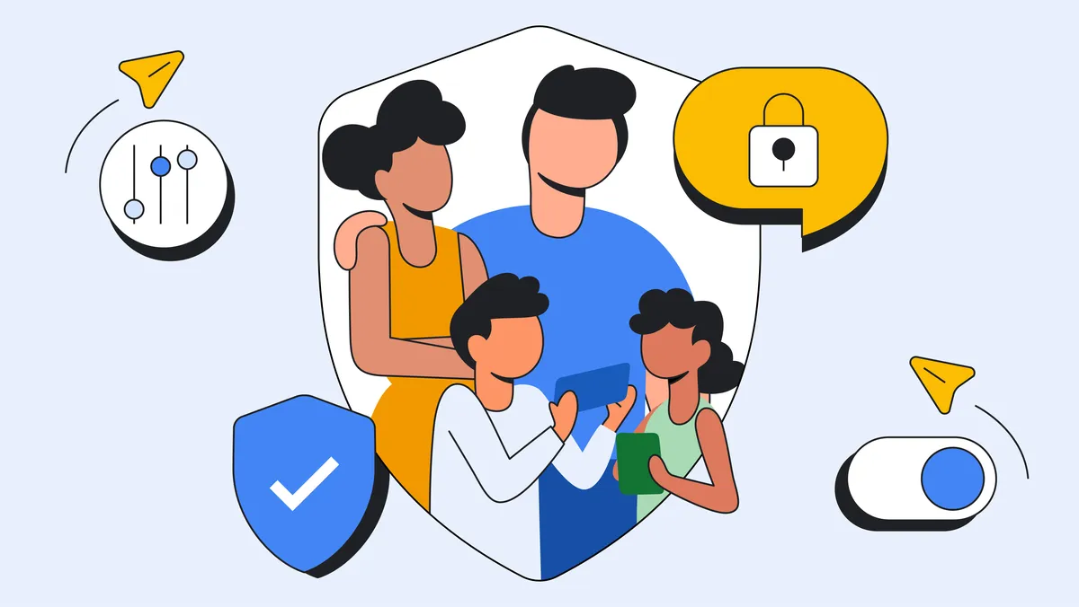 An illustration depicting a family (mum, dad, daughter and son) against a backdrop of a shield and security icons.