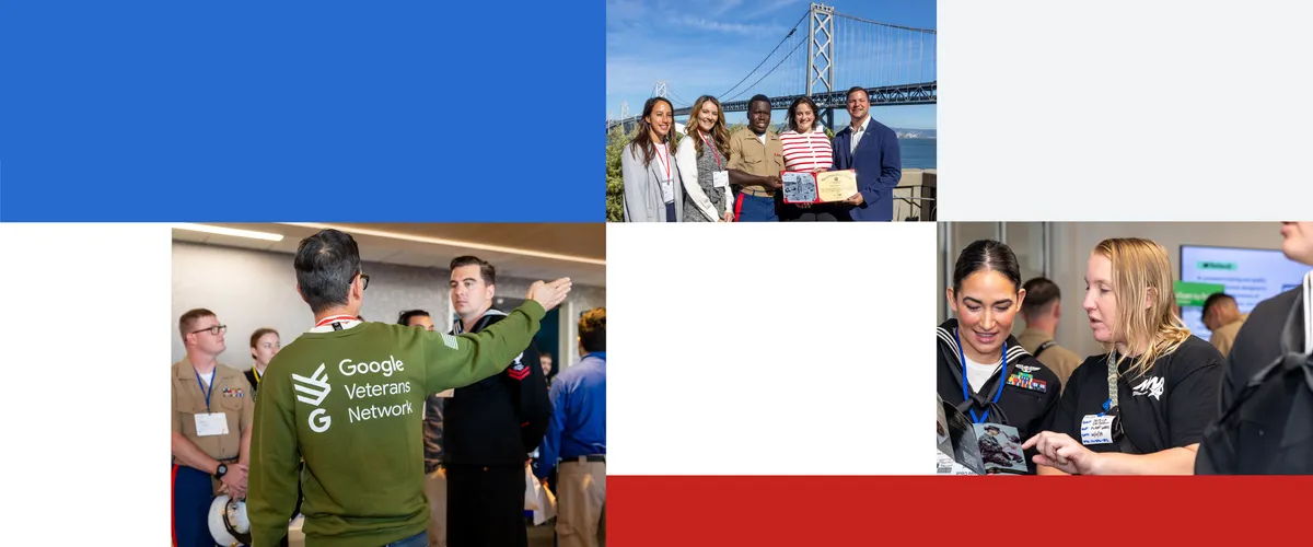 Collage of Googlers supporting current military personnel: directing foot traffic, posing with an award in front of the Bay Bridge, and reviewing information together.