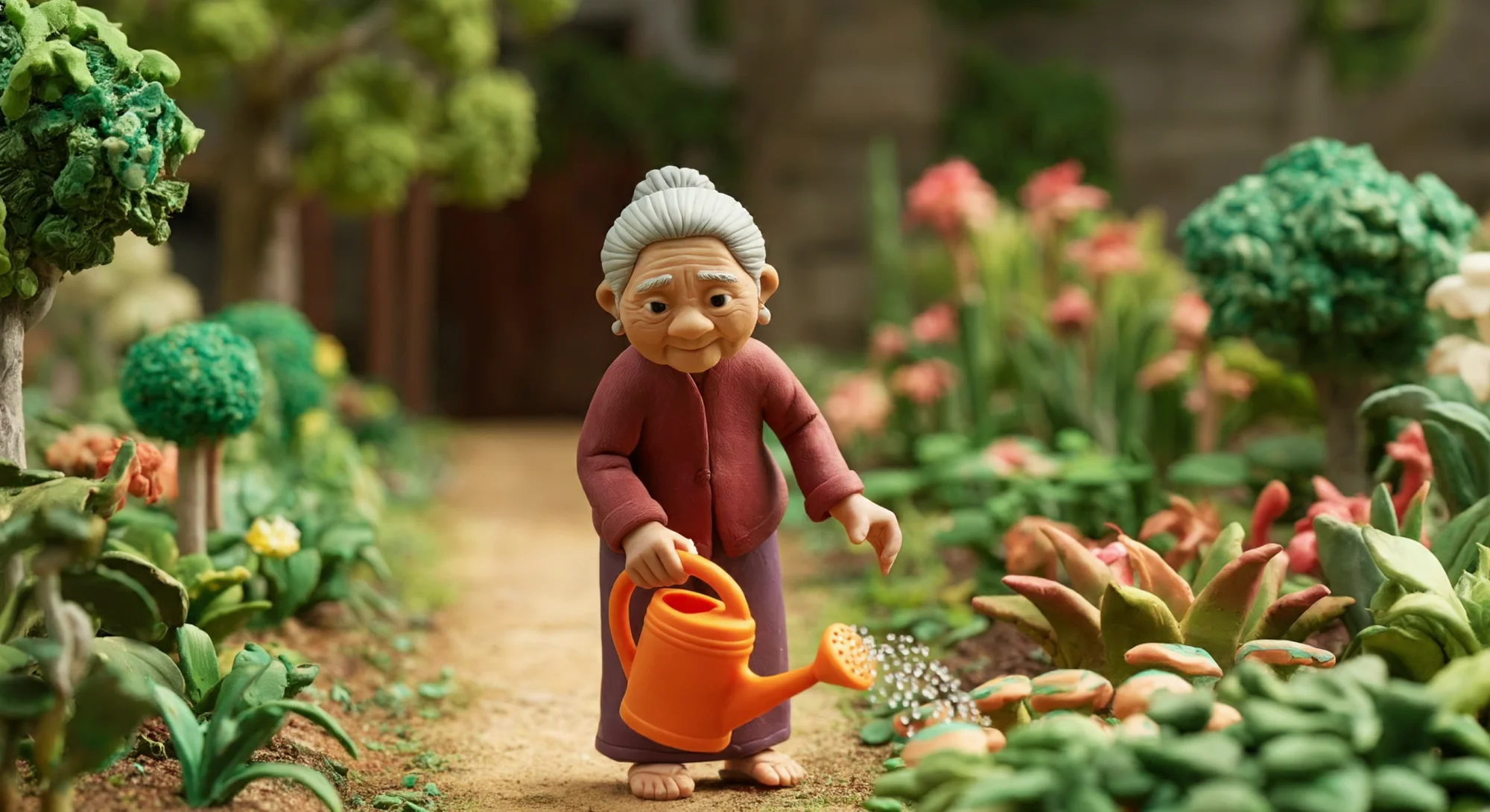 A scene made entirely of clay depicting an elderly woman wearing a flowing red top and taupe skirt. She is walking on a straight path in a garden, with lush plants growing on either side of the path. She is holding a large orange watering can in her right hand and is using it to water the plants.