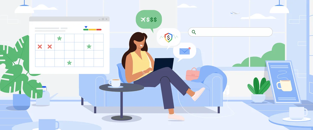 An illustration of a person sitting on their couch, using a laptop to browse Google Flights.