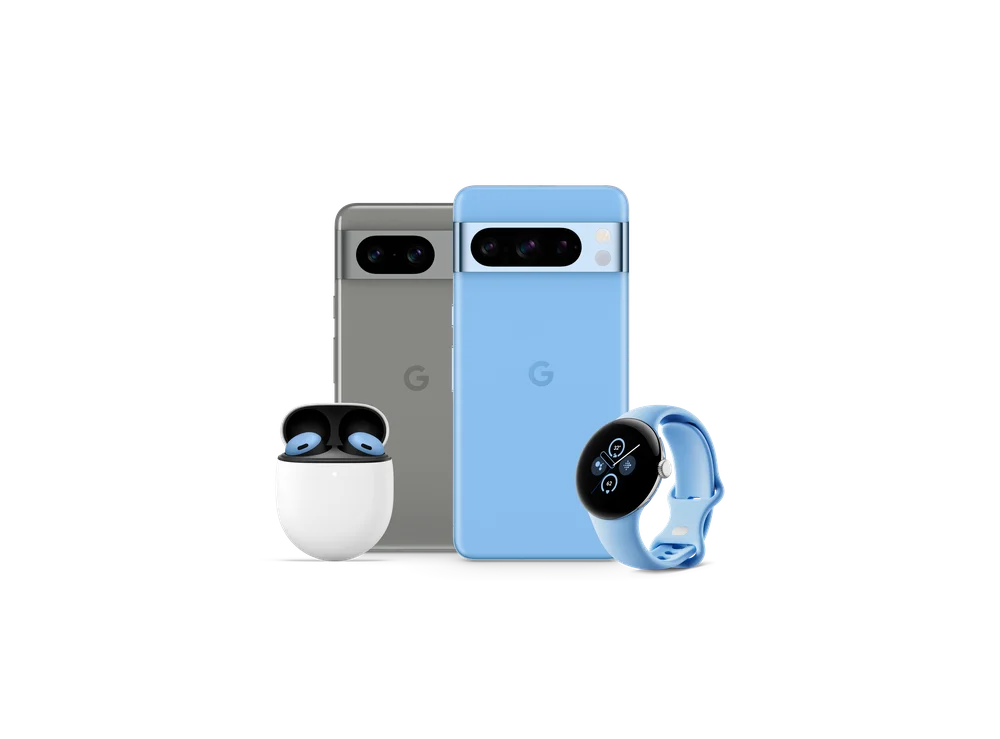 An image of Pixel 8 in Hazel, Pixel 8 Pro in Bay, Pixel Buds Pro in Bay and Pixel Watch 2 with a Bay band.