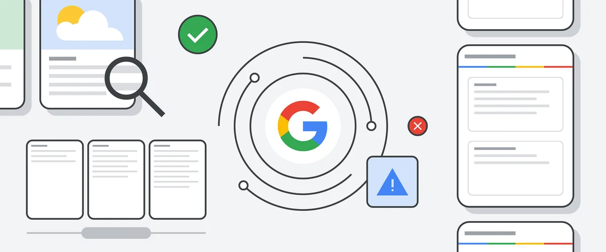 This illustration shows a Google "g" in the middle of different visualization of features people could see across our surfaces