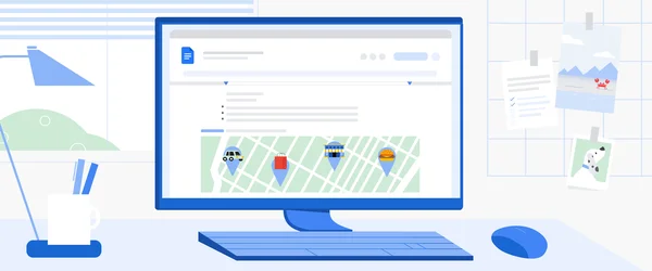 An illustration of a desktop computer showing a pageless Google Doc on its screen. The Doc includes bullet points and a wide image of a map with pins for different destinations.