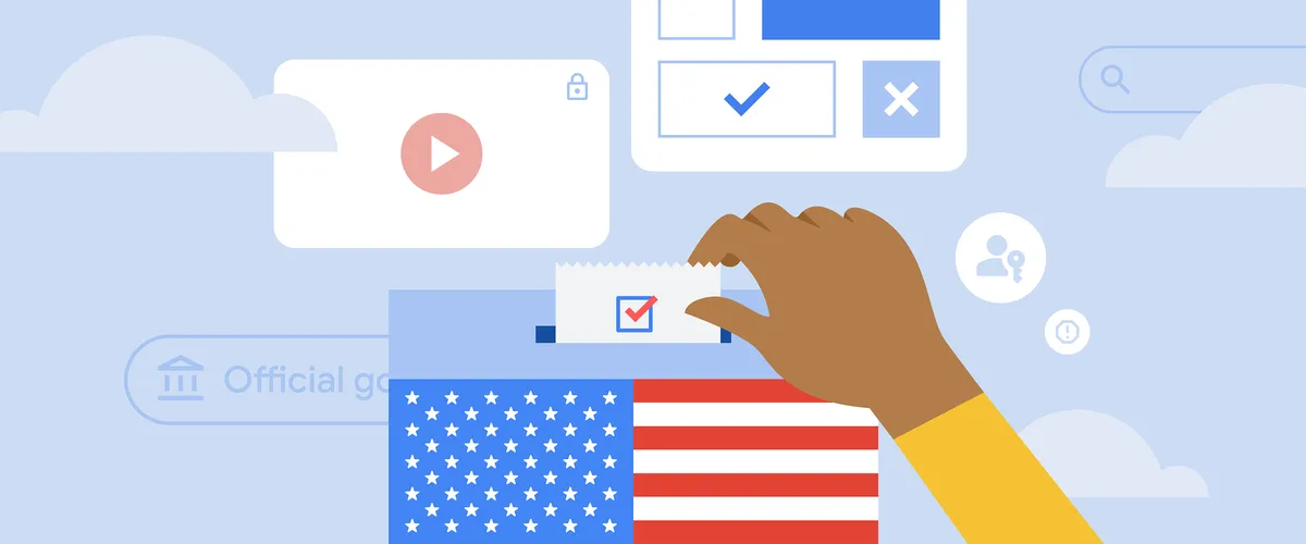 illustration of a ballot box, a hand and an American flag